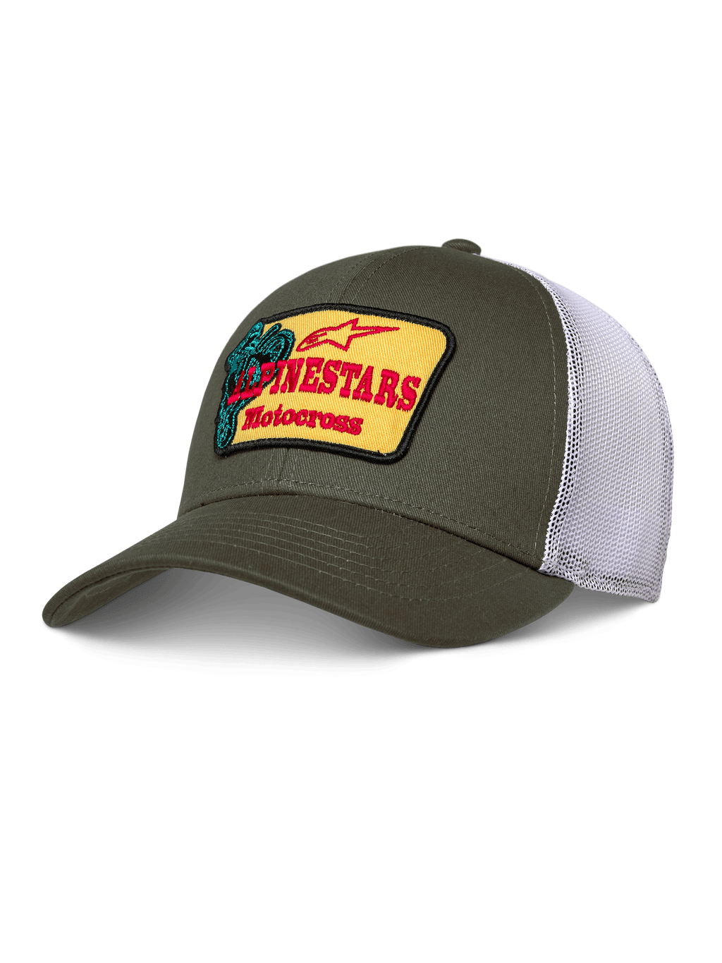 Alpinestars Hardware Trucker Hat, Olivgrün mit weißem Mesh, gelber Aufnäher mit rotem Alpinestars Motocross-Branding, gebogener Schirm, strukturierte Krone, lässige Motorsport-Sportbekleidung
