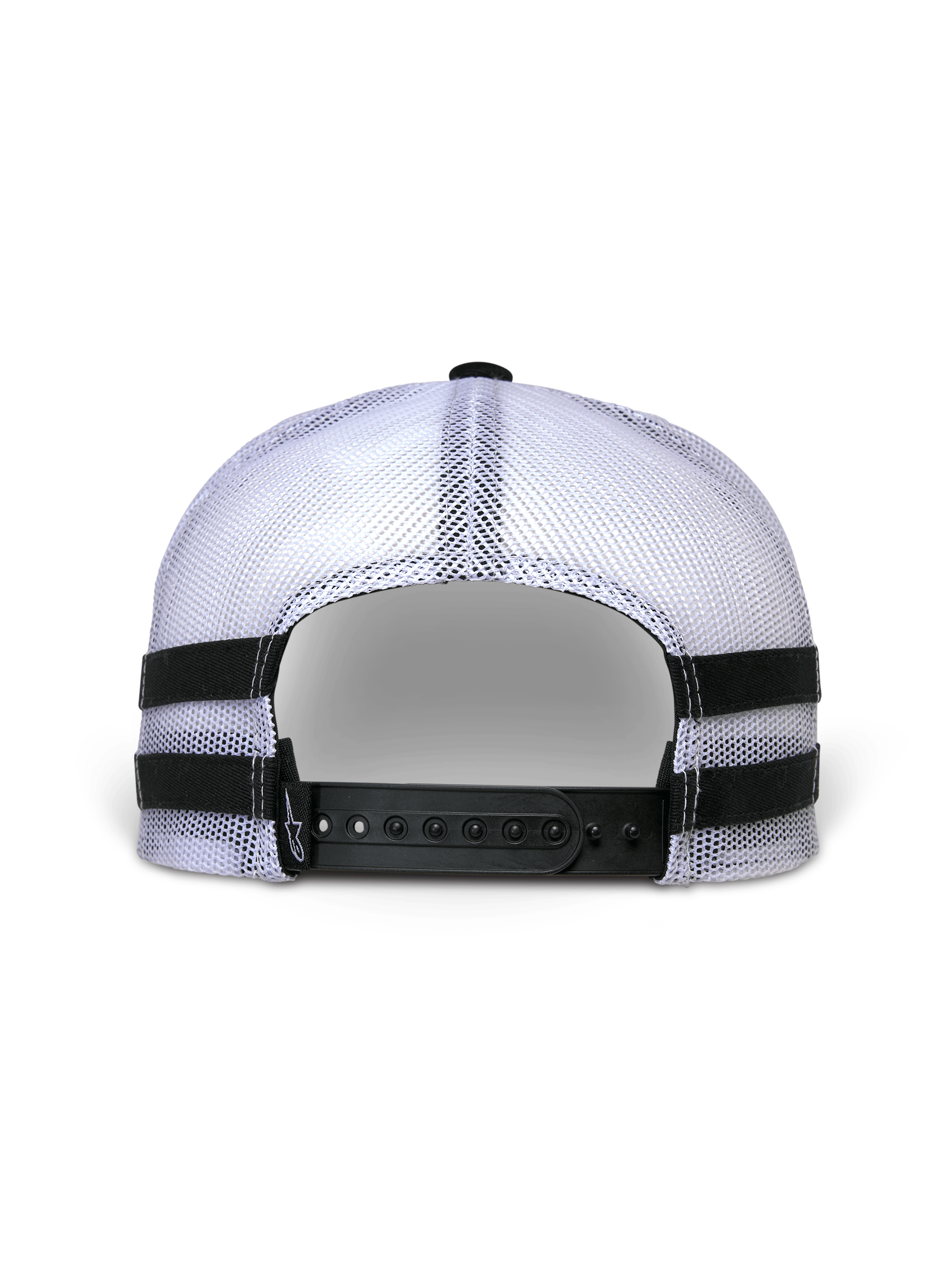 Alpinestars Backline Trucker Hat, back view, white mesh back with black snap-back closure, features horizontal black applique stripes on the sides, casual motorsport streetwear style
