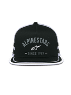 Alpinestars Backline Trucker Hat, Trucker Cap, Black and White, front logo graphic with 'Alpinestars Since 1963', flat bill with white trim, structured crown and mesh back
