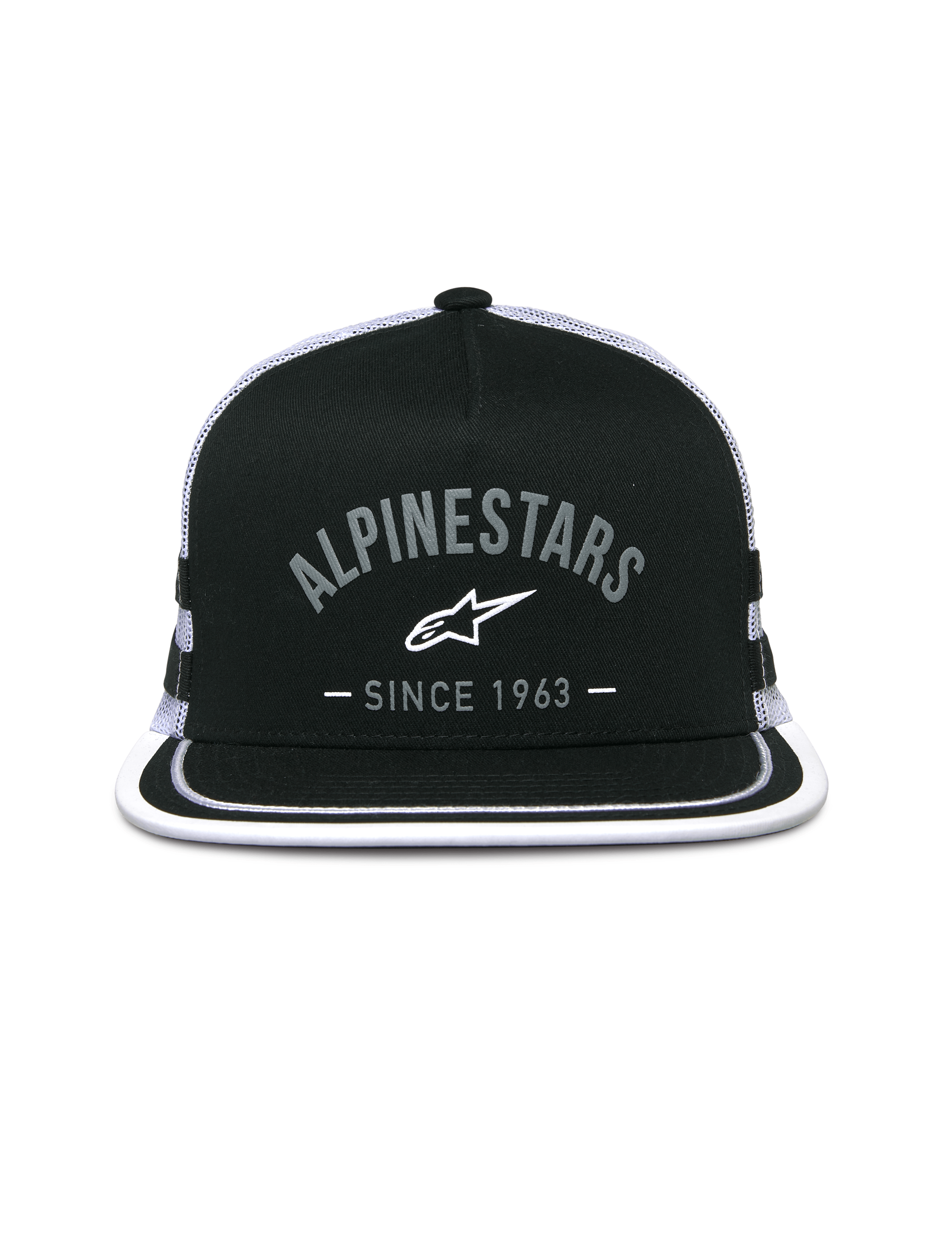 Alpinestars Backline Trucker Hat, Trucker Cap, Black and White, front logo graphic with 'Alpinestars Since 1963', flat bill with white trim, structured crown and mesh back
