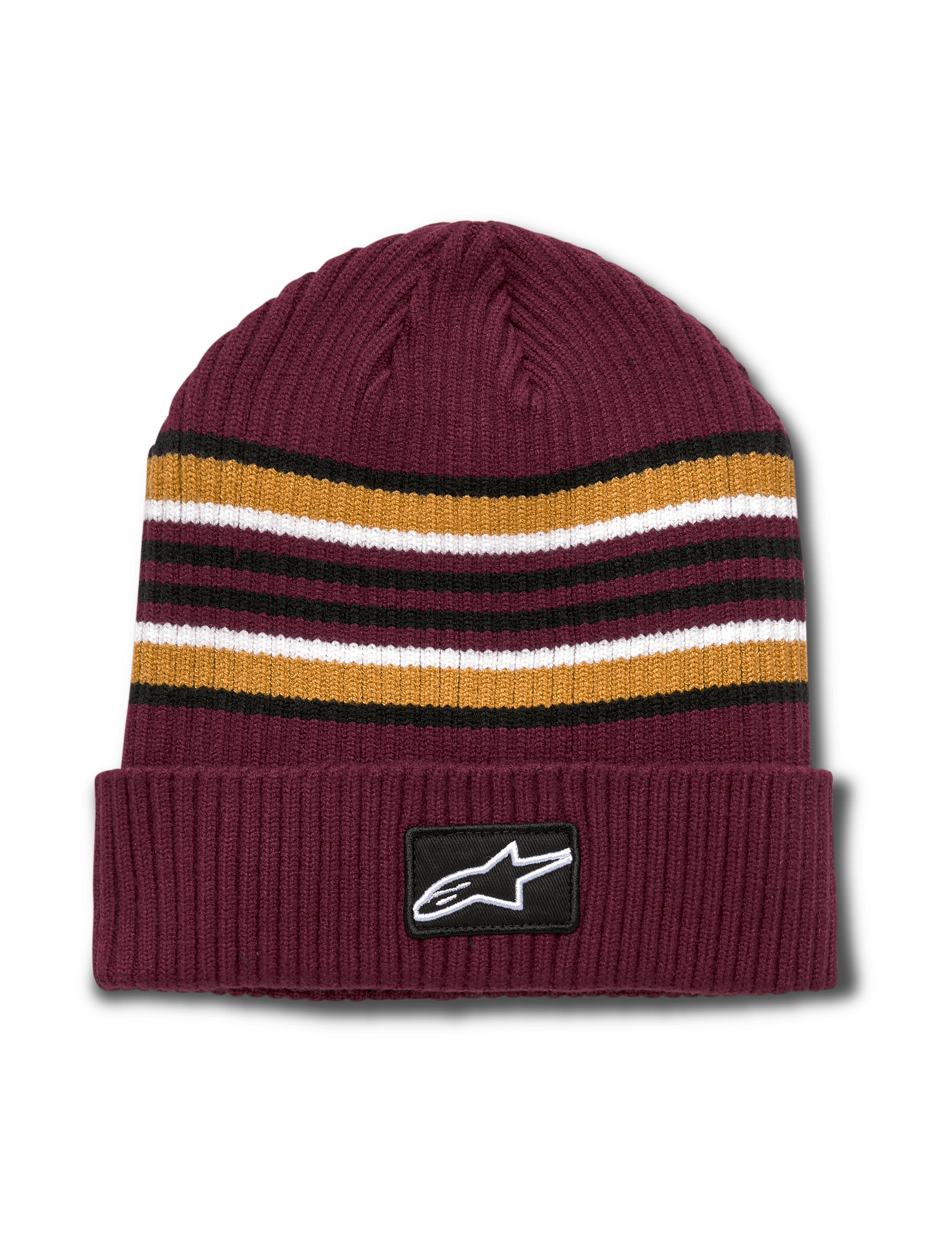 Alpinestars Bolted Cuff Beanie, bordeauxrote gerippte Strick-Wintermütze, garngefärbte horizontale Streifen in Gold, Schwarz und Weiß, Umschlag mit gewebtem Alpinestars Logo-Patch, lässige Sport-Kopfbedeckung