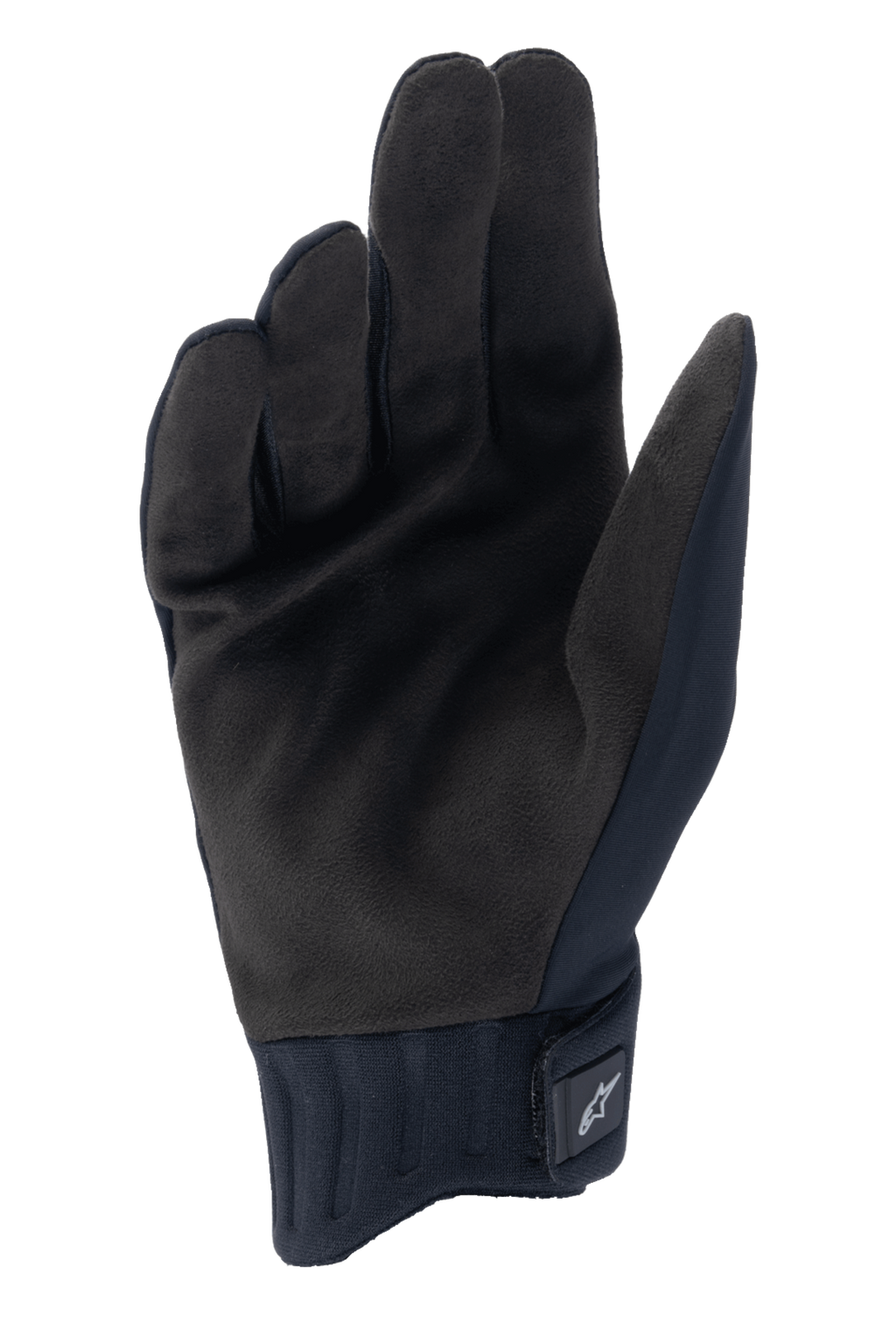 Alpinestars A-Dura Rain Handschuhe, schwarze Fahrradhandschuhe, Handflächenansicht aus synthetischem Wildledermaterial, gerippte Neoprenmanschette mit Klettverschluss, flaches Design für Mountainbiking und Schutz bei nassem Wetter