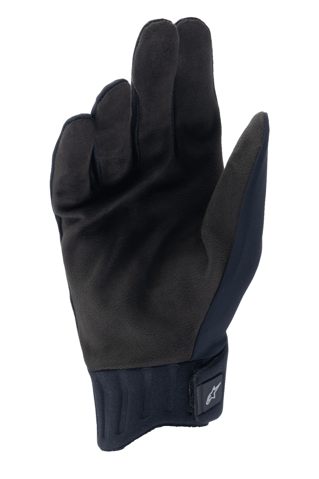 Alpinestars A-Dura Rain Handschuhe, schwarze Fahrradhandschuhe, Handflächenansicht aus synthetischem Wildledermaterial, gerippte Neoprenmanschette mit Klettverschluss, flaches Design für Mountainbiking und Schutz bei nassem Wetter