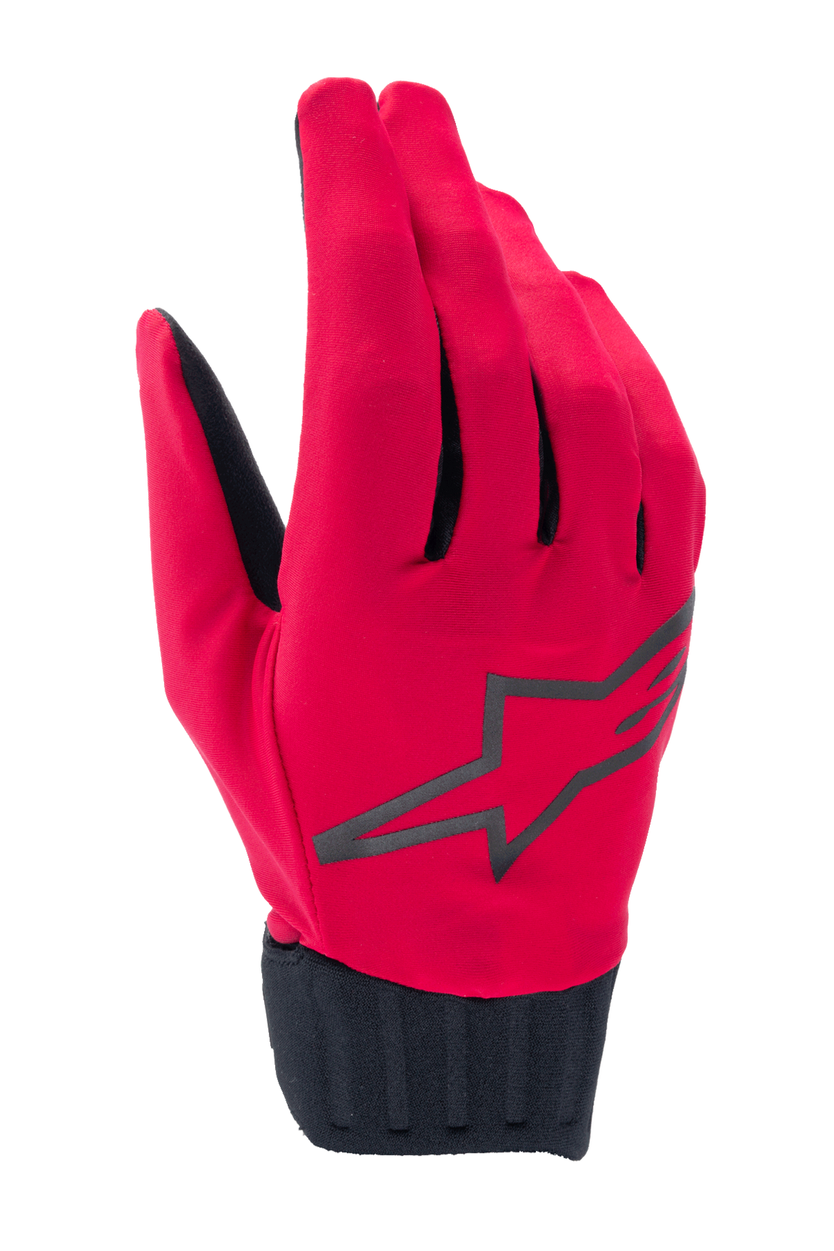 Alpinestars A-Dura Rain Gloves, Waterproof MTB Cycling Gloves, Red Fluo and Black, featuring a black star logo on the backhand, ribbed black neoprene cuff, sleek low-profile design for all-weather riding