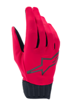 Alpinestars A-Dura Rain Gloves, Waterproof MTB Cycling Gloves, Red Fluo and Black, featuring a black star logo on the backhand, ribbed black neoprene cuff, sleek low-profile design for all-weather riding