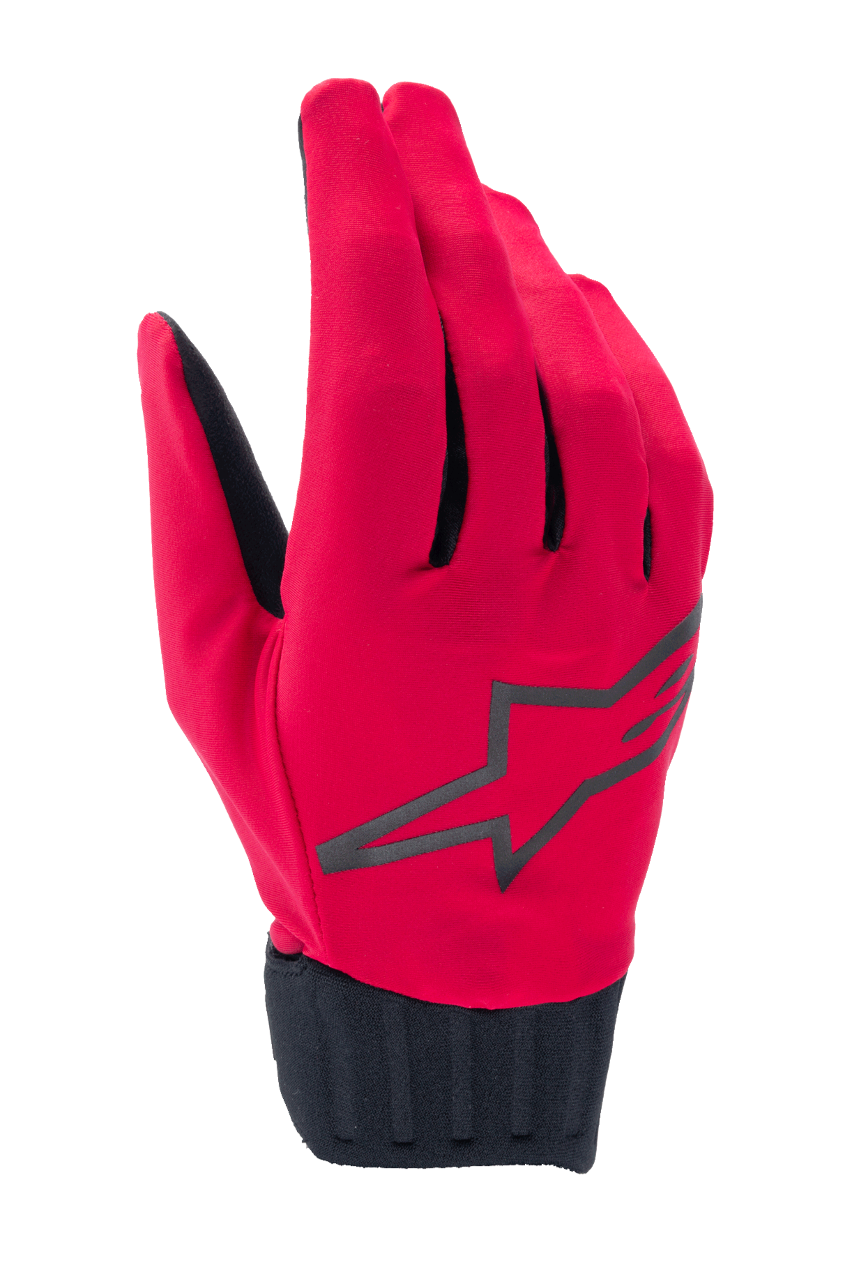 Alpinestars A-Dura Rain Gloves, Waterproof MTB Cycling Gloves, Red Fluo and Black, featuring a black star logo on the backhand, ribbed black neoprene cuff, sleek low-profile design for all-weather riding