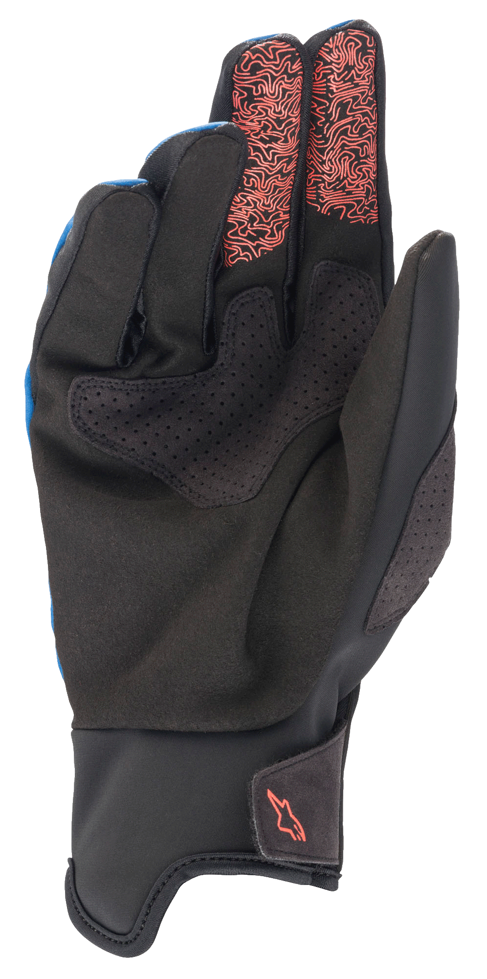 Alpinestars Denali 2 Handschuhe, MTB-Handschuhe, Mid Blue Black Coral Fluo, Handflächenansicht zeigt schwarzes Clarino-Kunstleder mit perforierten Details, topografische Muster in fluoreszierendem Korallenrot an den Zeige- und Mittelfingerspitzen und ein kleines korallenrotes Logo an der Manschette.