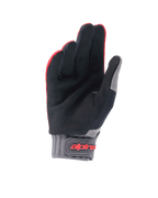 Alpinestars Youth A-Dura Handschuhe, Mountainbike-Handschuhe, Fluo-Rot und Schwarz, Handflächenansicht zeigt synthetisches Wildleder, graue Neopren-Manschette mit Klettverschluss und rotem Alpinestars-Logo, konzipiert für den Jugend-Radsport