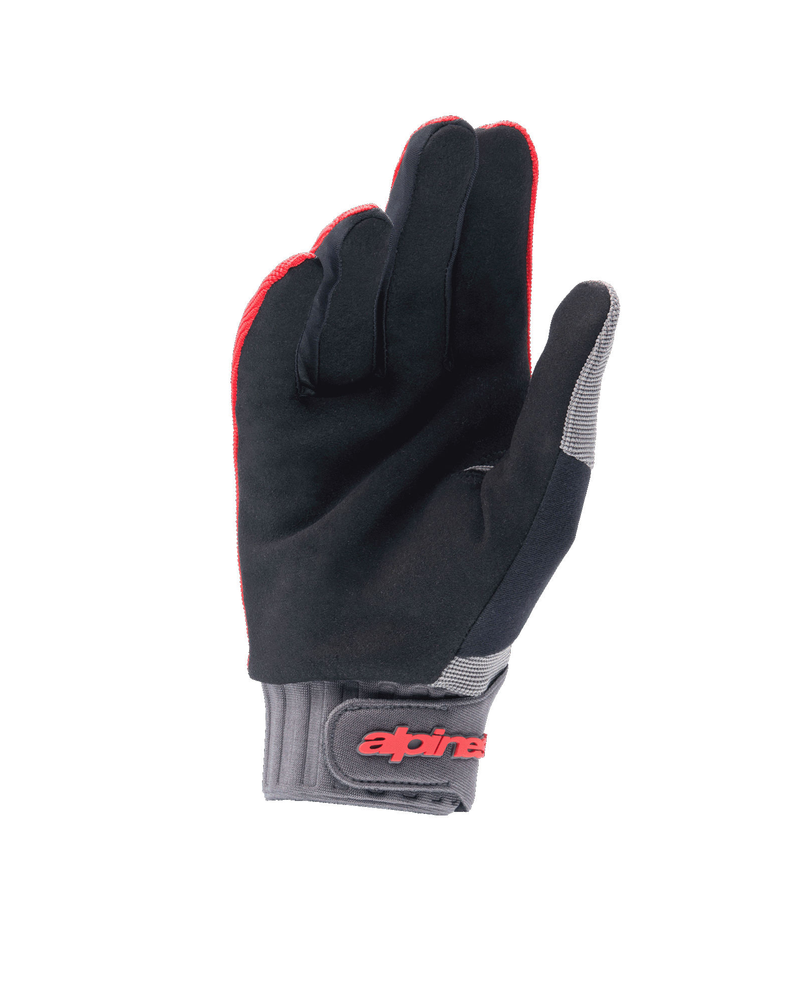 Alpinestars Youth A-Dura Handschuhe, Mountainbike-Handschuhe, Fluo-Rot und Schwarz, Handflächenansicht zeigt synthetisches Wildleder, graue Neopren-Manschette mit Klettverschluss und rotem Alpinestars-Logo, konzipiert für den Jugend-Radsport