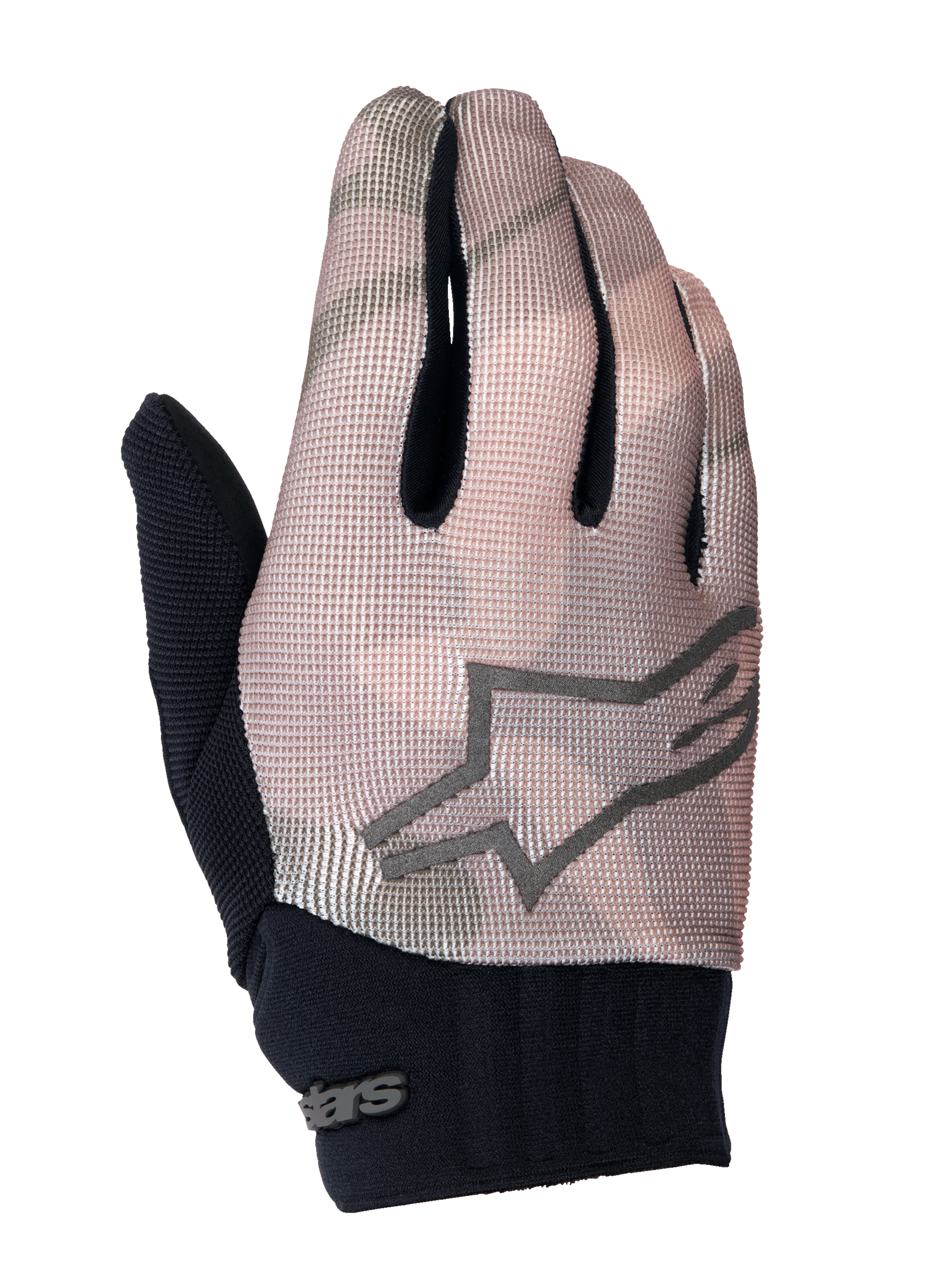 Alpinestars Youth A-Dura Handschuhe, Mountainbike-Handschuhe, Braun-Camo und Schwarz, mit grauem Stern-Logo auf dem Handrücken, schwarzer Neopren-Manschette und atmungsaktivem Textil-Obermaterial für junge Fahrer.