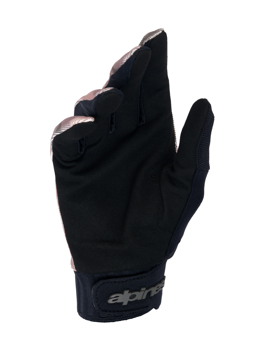 Alpinestars A-Dura Squad Handschuhe, MTB-Handschuhe, Camo und Braun, Handflächenansicht zeigt schwarzes synthetisches Wildleder, Neoprenmanschette mit Klettverschluss und Alpinestars-Logo, strapazierfähiges Design für Mountainbiking