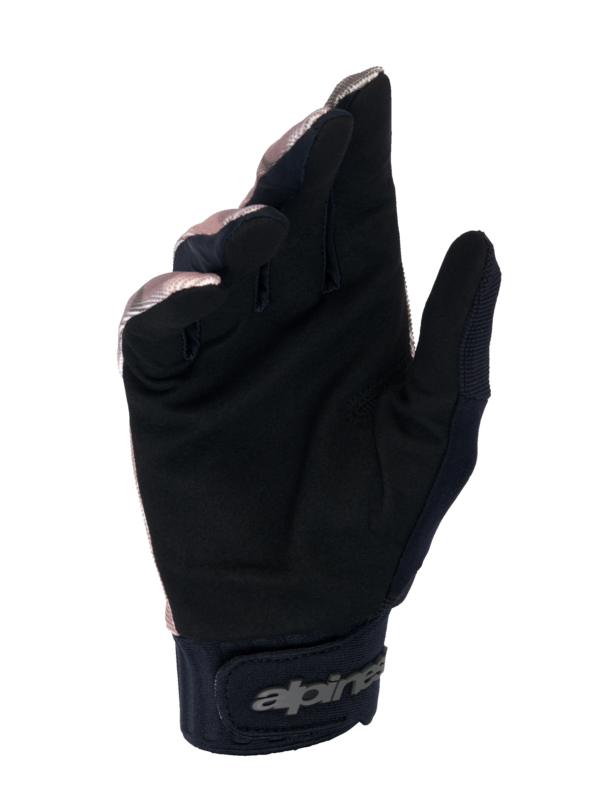 Alpinestars A-Dura Squad Handschuhe, MTB-Handschuhe, Camo und Braun, Handflächenansicht zeigt schwarzes synthetisches Wildleder, Neoprenmanschette mit Klettverschluss und Alpinestars-Logo, strapazierfähiges Design für Mountainbiking