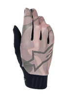 Alpinestars A-Dura Squad Handschuhe, Mountainbike-Handschuhe, braun-graues Camouflage-Muster, großer Sternlogo-Umriss auf dem Handrücken, strukturiertes Mesh-Obermaterial, schwarzes geripptes Bündchen