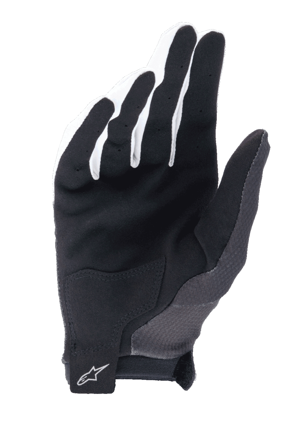 Alpinestars A-Aria Handschuhe, Schwarz, Innenhandansicht mit synthetischem Wildleder für Grip, verstärktem Handflächenbesatz und Klettverschluss am Handgelenk mit Alpinestars-Logo, leichte Mountainbike-Handschuhe