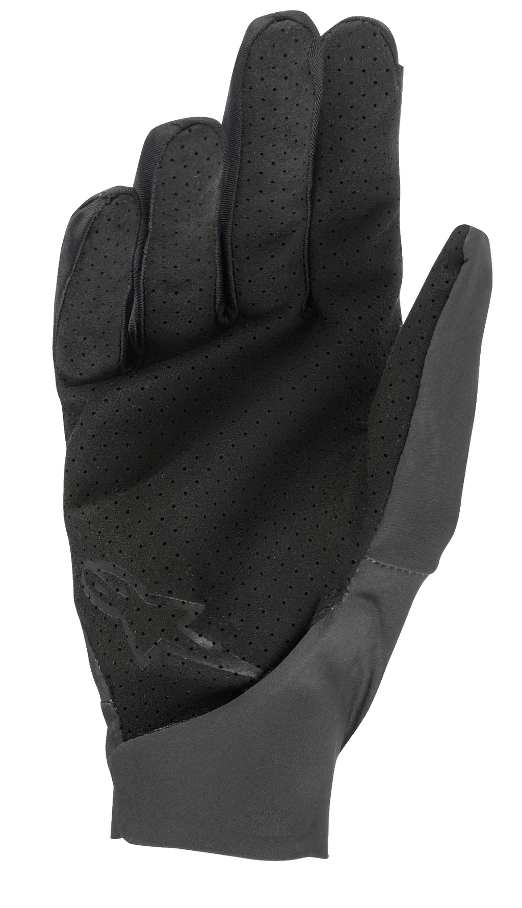 Alpinestars Drop 4.0 Handschuhe, Schwarz, Innenansicht der Handfläche mit perforiertem Material für Luftzirkulation, Slim-Fit-Konstruktion aus leichtem Stretch-Gewebe, dezentes Logo auf der unteren Handfläche, entwickelt für Enduro- und MTB-Fahrten