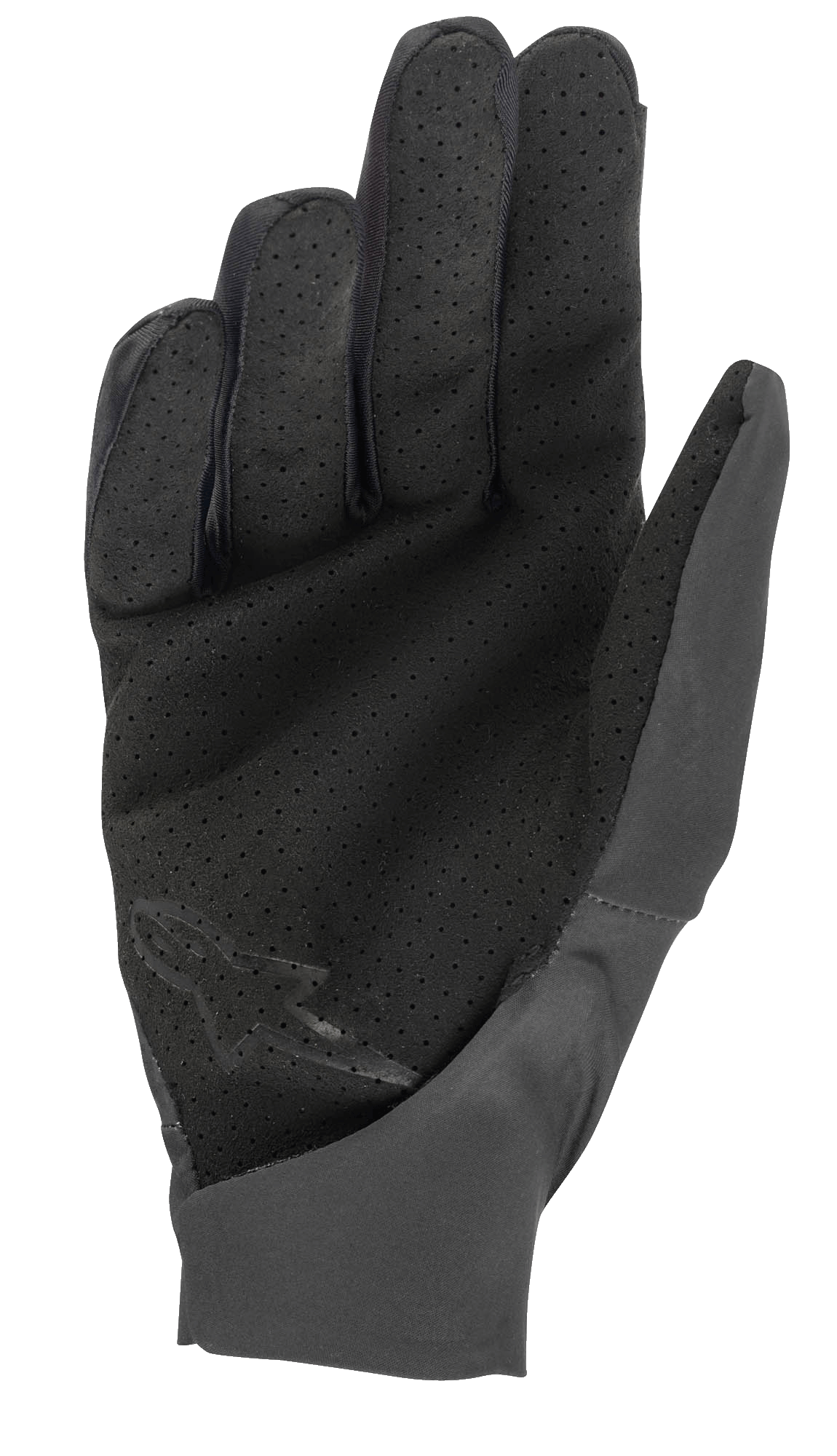 Alpinestars Drop 4.0 Handschuhe, Schwarz, Innenansicht der Handfläche mit perforiertem Material für Luftzirkulation, Slim-Fit-Konstruktion aus leichtem Stretch-Gewebe, dezentes Logo auf der unteren Handfläche, entwickelt für Enduro- und MTB-Fahrten