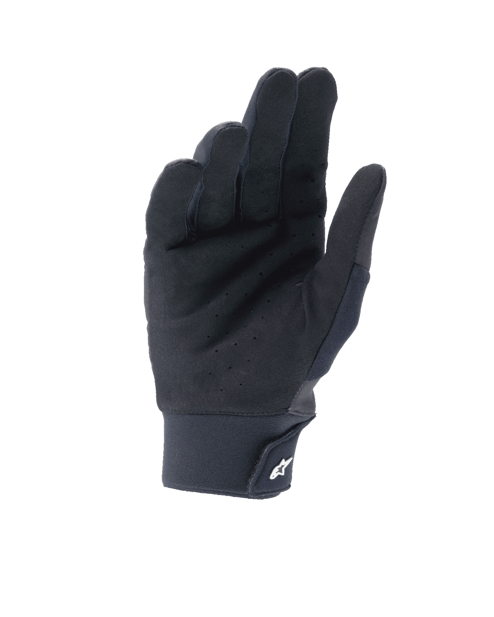 Alpinestars A-Supra Shield Handschuhe, Schwarz, Handflächenansicht mit perforiertem synthetischem Wildleder zur Belüftung, Neoprenbündchen mit Klettverschluss und weißem Stern-Logo, technische Ausrüstung für MTB- und Gravity-Fahrten