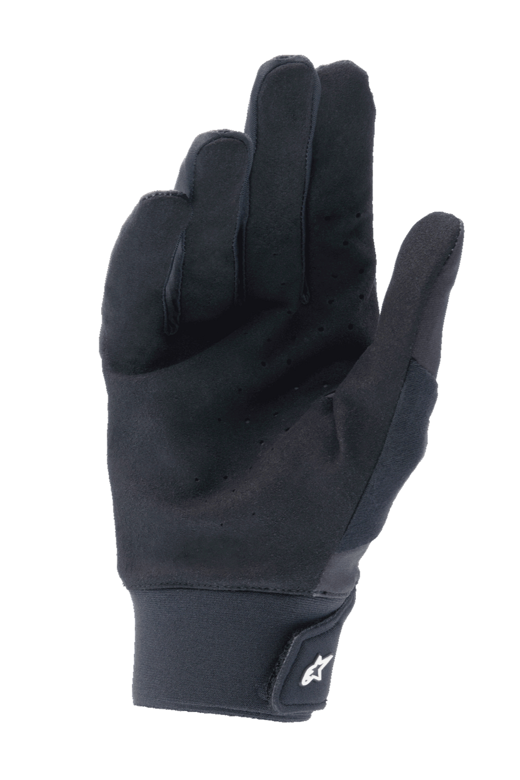 Alpinestars A-Supra Handschuhe, Schwarz, Handflächenansicht mit perforiertem synthetischem Wildleder zur Belüftung, Neoprenbund mit Klettverschluss und weißem Logo, Performance-Mountainbike-Ausrüstung