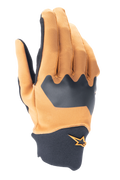 Alpinestars A-Supra Gloves, Mountain Bike Gloves, Dark Gold and Black, flexible spandex backhand with neoprene cuff, featuring an orange star logo, durable off-road cycling gear