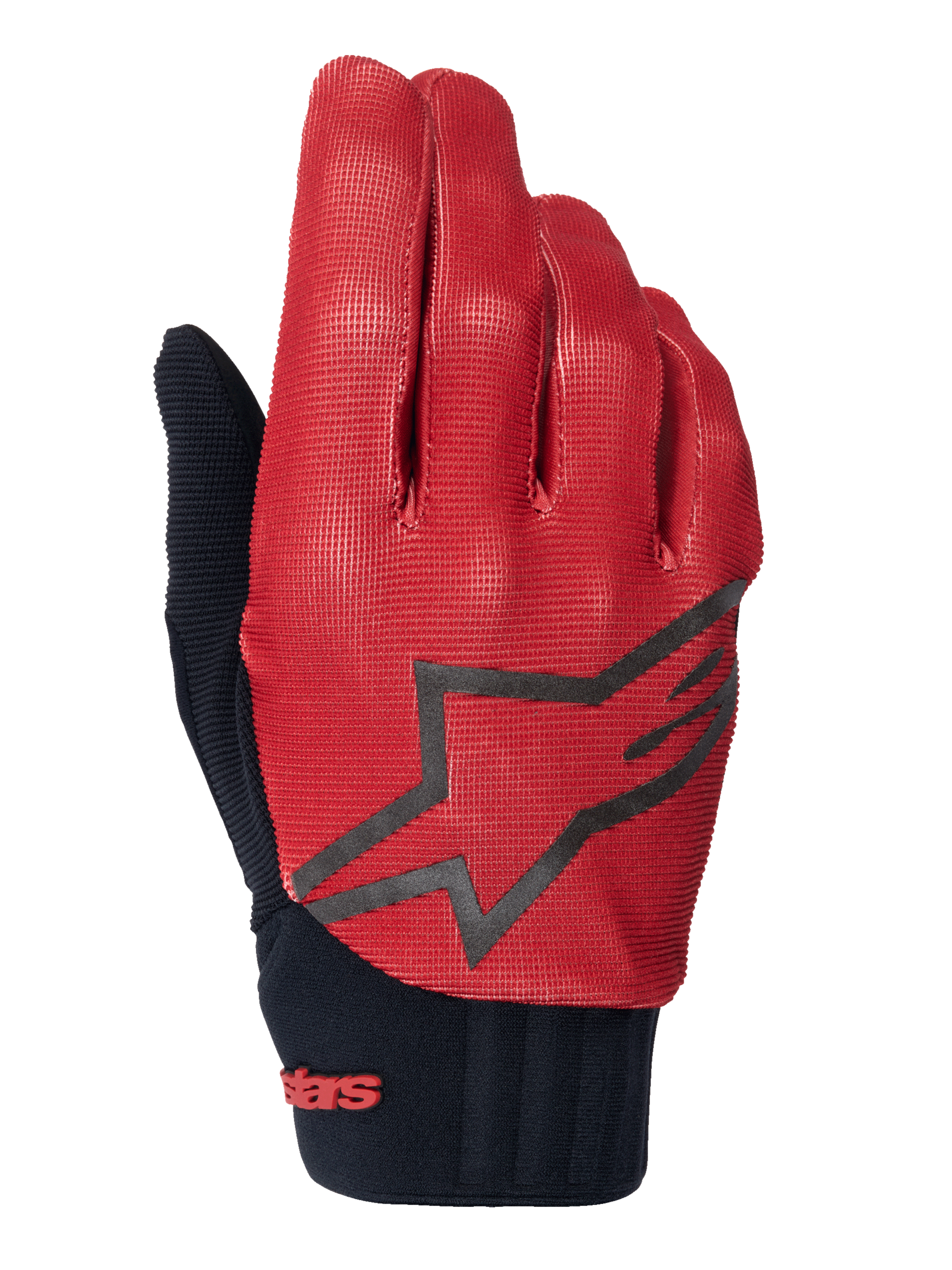 Alpinestars A-Dura Handschuhe, MTB-Handschuhe, Dunkelorange und Schwarz, Oberseite mit strukturiertem Gittermuster, großes schwarzes Stern-Logo, schwarzes Neoprenbündchen mit rotem Branding, entwickelt für Grip und Performance beim Mountainbiken