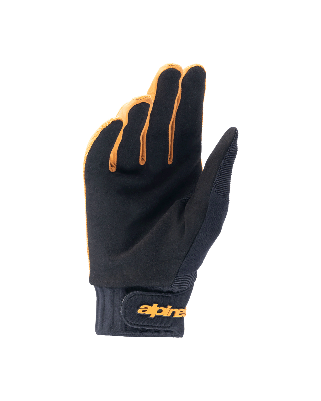 Alpinestars A-Dura Handschuhe, Mountainbike-Handschuhe, Dunkelgold und Schwarz, Handflächenansicht mit synthetischem Wildleder, Neoprenmanschette mit goldenem Klettverschluss am Handgelenk, entwickelt für Grip und Beweglichkeit beim Radfahren