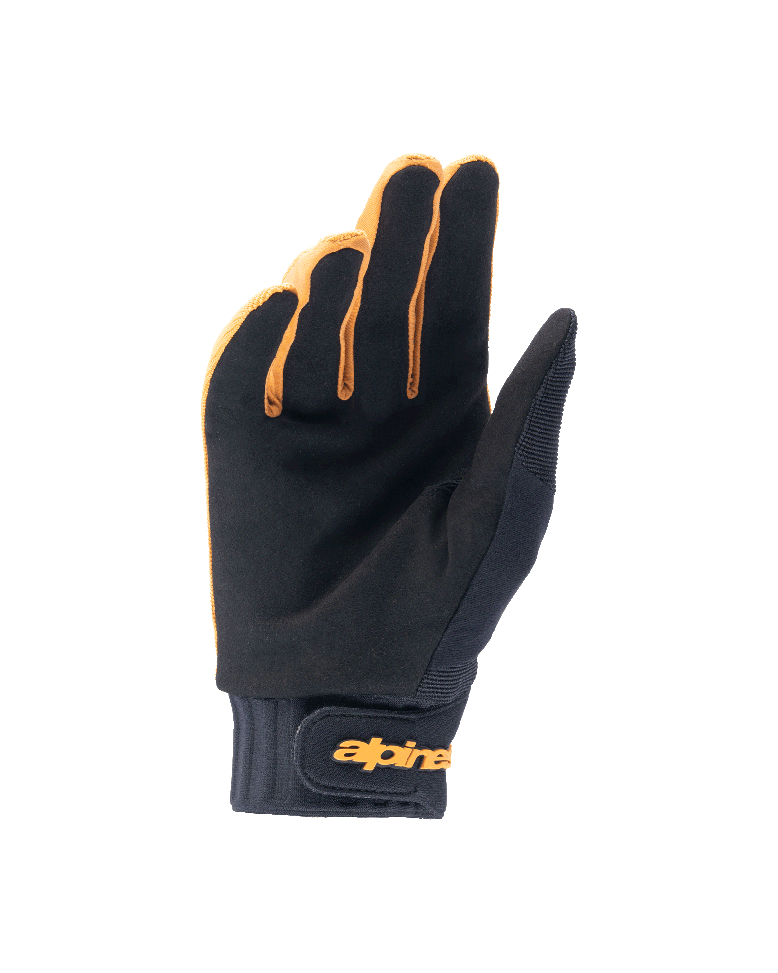 Alpinestars A-Dura Handschuhe, Mountainbike-Handschuhe, Dunkelgold und Schwarz, Handflächenansicht mit synthetischem Wildleder, Neoprenmanschette mit goldenem Klettverschluss am Handgelenk, entwickelt für Grip und Beweglichkeit beim Radfahren