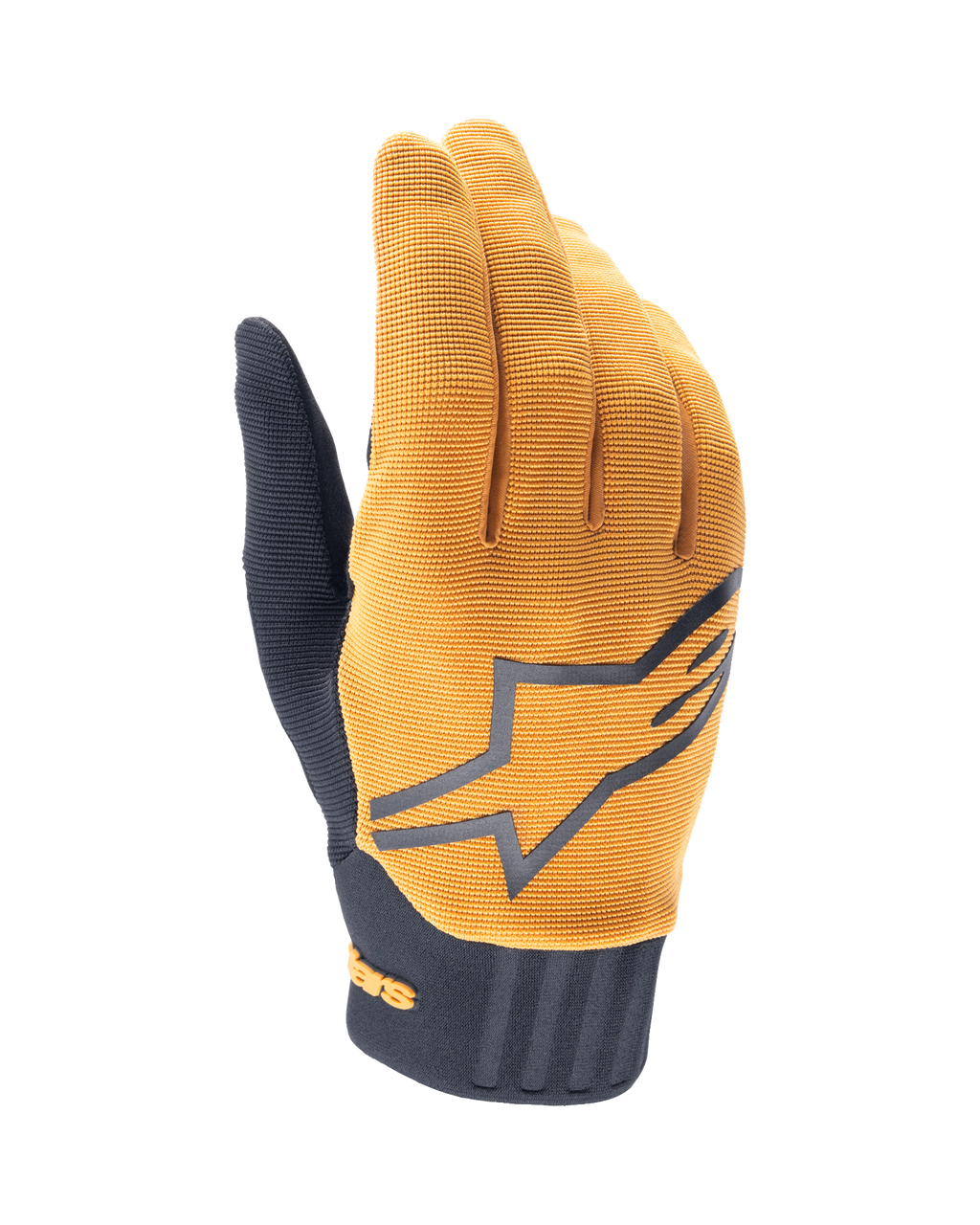 Alpinestars A-Dura Handschuhe, MTB-Mountainbike-Handschuhe, Dunkelgold und Schwarz, strukturiertes goldenes Obermaterial mit großem grauen Alpinestars-Logo, schwarze Neoprenmanschette, entwickelt für Grip und Beweglichkeit beim Geländeradsport
