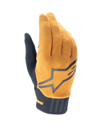 Alpinestars A-Dura Handschuhe, MTB-Mountainbike-Handschuhe, Dunkelgold und Schwarz, strukturiertes goldenes Obermaterial mit großem grauen Alpinestars-Logo, schwarze Neoprenmanschette, entwickelt für Grip und Beweglichkeit beim Geländeradsport