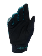 Alpinestars A-Dura Handschuhe, MTB-Fahrradhandschuhe, Green Camo und Schwarz, Innenansicht der Handfläche mit schwarzem synthetischem Wildledermaterial, Neoprenbund mit verstellbarem Klettverschluss, Alpinestars-Branding in Teal, professionelle Offroad-Ausrüstung
