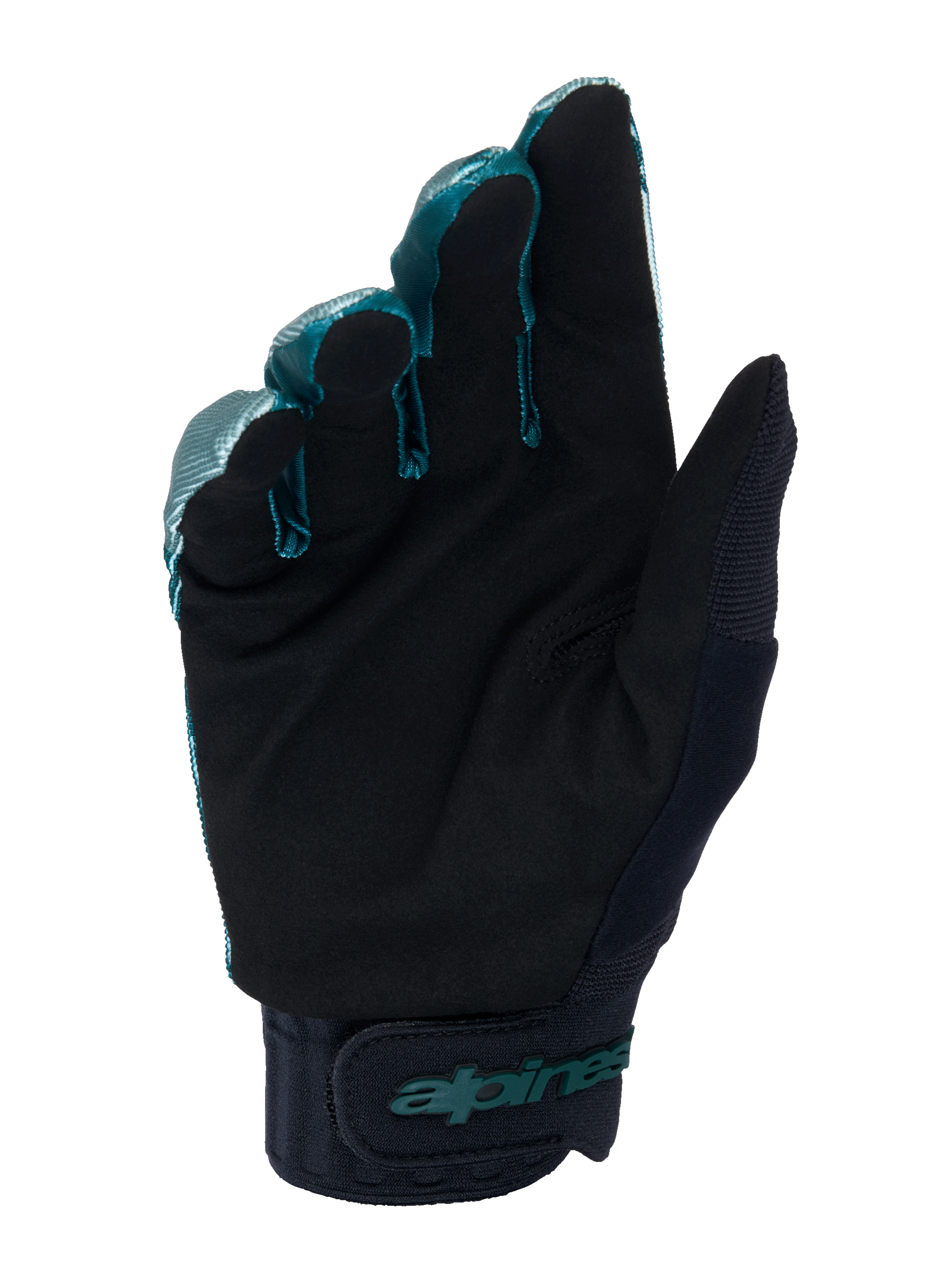 Alpinestars A-Dura Handschuhe, MTB-Fahrradhandschuhe, Green Camo und Schwarz, Innenansicht der Handfläche mit schwarzem synthetischem Wildledermaterial, Neoprenbund mit verstellbarem Klettverschluss, Alpinestars-Branding in Teal, professionelle Offroad-Ausrüstung