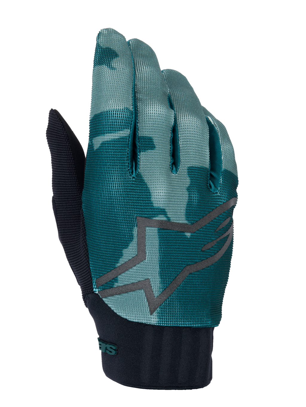 Alpinestars A-Dura Handschuhe, MTB Mountainbike-Handschuhe, Green Camo, türkis- und dunkelgrünes Camouflage-Muster mit großem grauem Sternlogo, schwarzer gerippter Neoprenbund, technische Ausrüstung für den Offroad-Radsport