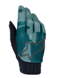 Alpinestars A-Dura Handschuhe, MTB Mountainbike-Handschuhe, Green Camo, türkis- und dunkelgrünes Camouflage-Muster mit großem grauem Sternlogo, schwarzer gerippter Neoprenbund, technische Ausrüstung für den Offroad-Radsport