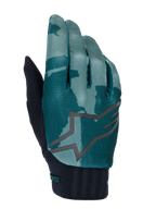 Alpinestars A-Dura Handschuhe, MTB Mountainbike-Handschuhe, Green Camo, türkis- und dunkelgrünes Camouflage-Muster mit großem grauem Sternlogo, schwarzer gerippter Neoprenbund, technische Ausrüstung für den Offroad-Radsport