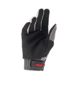 Alpinestars A-Dura Gloves, MTB Cycling Gloves, Light Gray and Black, palm view highlighting durable synthetic suede, gray ribbed cuff with hook-and-loop closure and red logo, designed for mountain bike grip and comfort