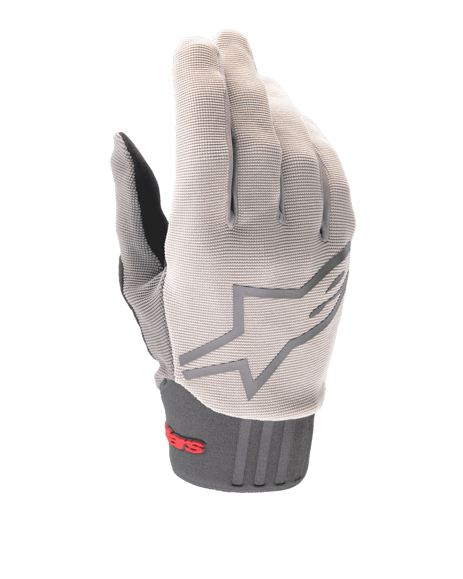Alpinestars A-Dura Gloves, Mountain Bike Gloves, Light Gray and Charcoal, featuring a large star logo on the back, red Alpinestars branding on the neoprene cuff, textured stretch fabric upper, and ergonomic design for off-road cycling