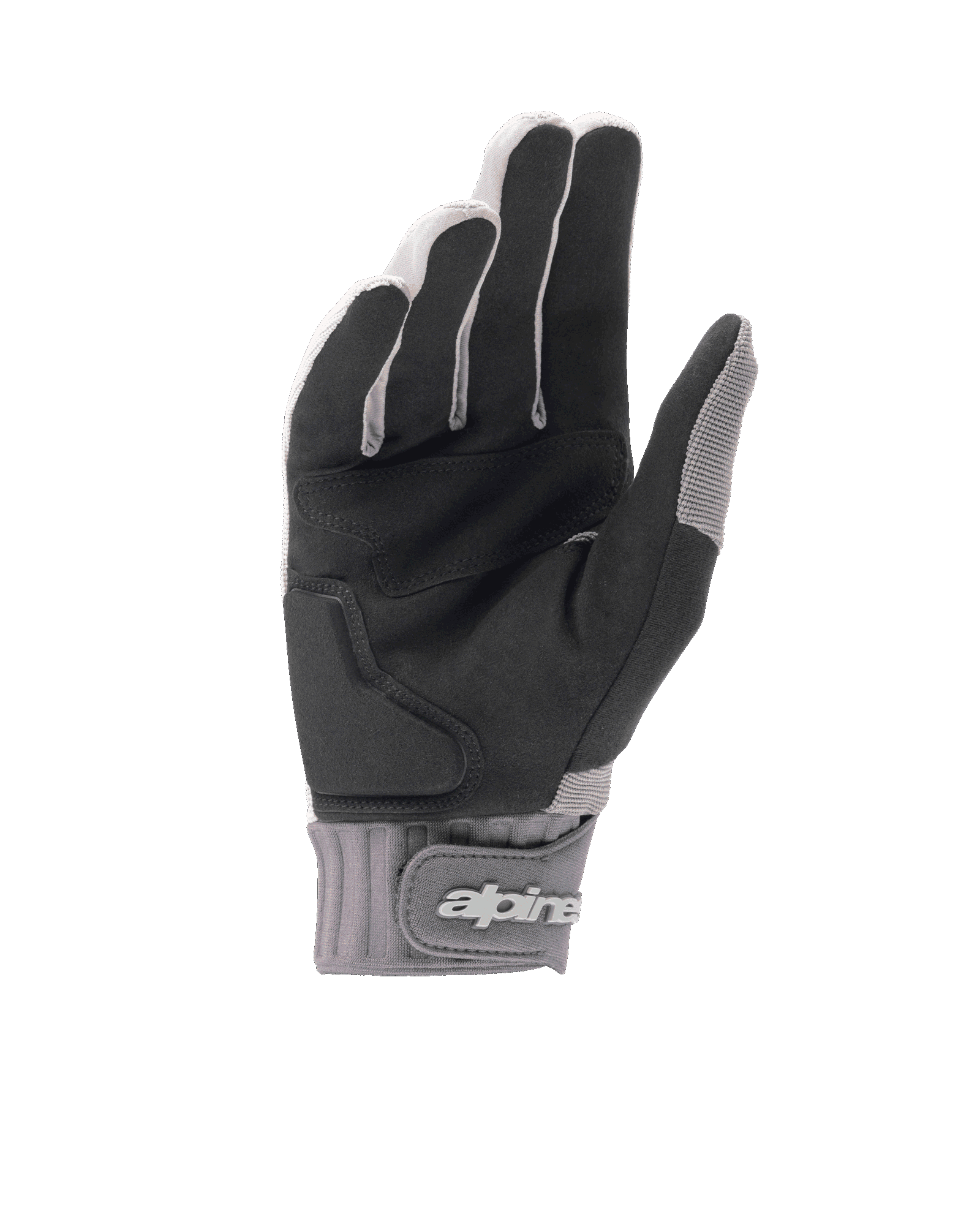 Alpinestars A-Dura Gel Handschuhe, Mountainbike-Handschuhe in Hellgrau und Schwarz, Handflächenansicht mit schwarzem synthetischem Wildleder und Gel-Einlage, Neopren-Manschette mit Klettverschluss am Handgelenk und Markenlogo, ergonomische Fahrradausrüstung