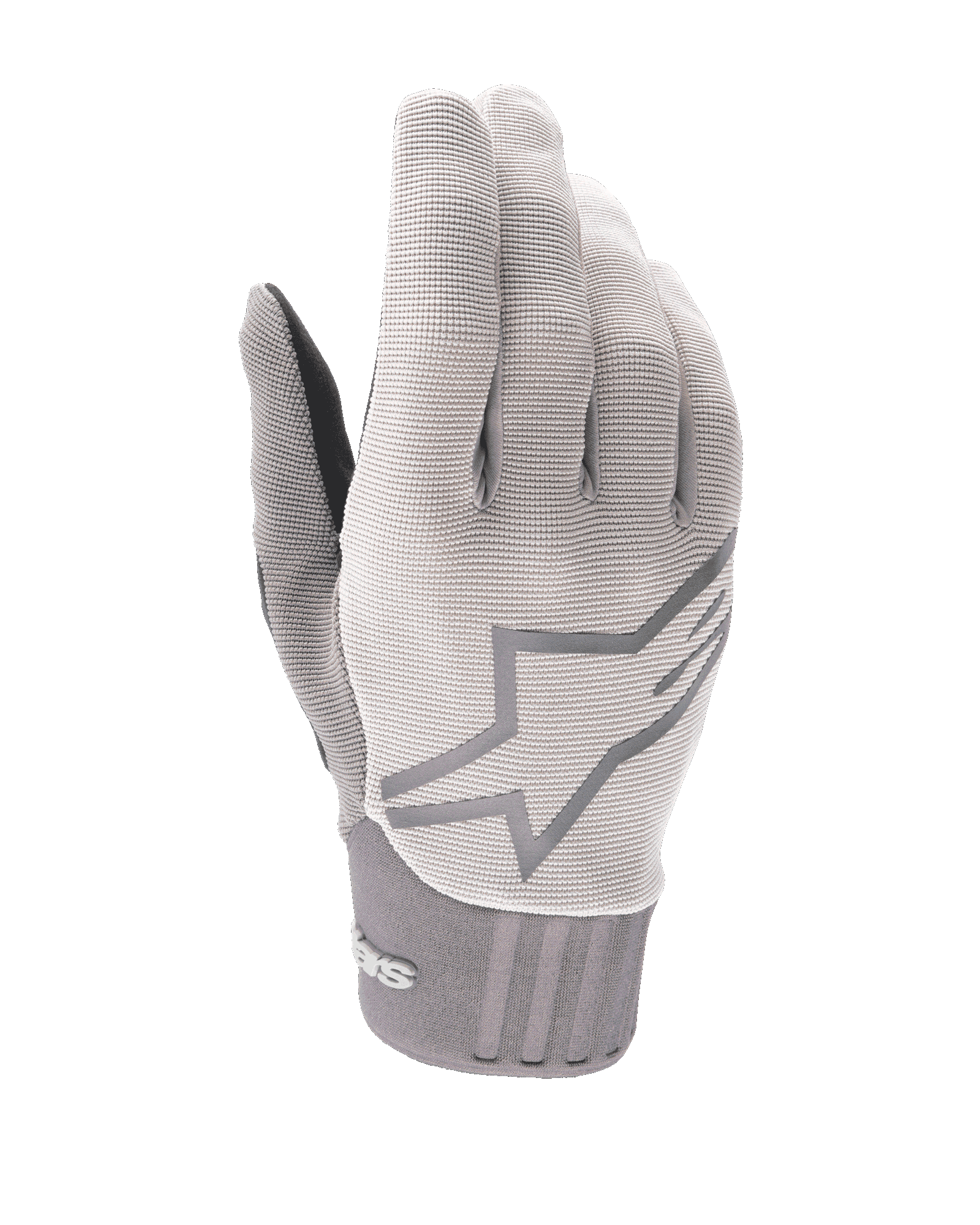 Alpinestars A-Dura Gel Gloves, Mountain Bike Cycling Gloves, Light Gray, textured fabric with large star logo on backhand, neoprene cuff, ergonomic gel-padded palm design for off-road riding