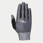 Alpinestars Stella Alderex Pro Damen-Handschuhe, MTB-Handschuhe, Anthrazitgrau, mit diagonal strukturierter Oberhand, weißem Alpinestars-Logo, schwarzem Frottee-Einsatz am Daumen und abstrakt gemusterter Manschette, Offroad-Fahrradausrüstung