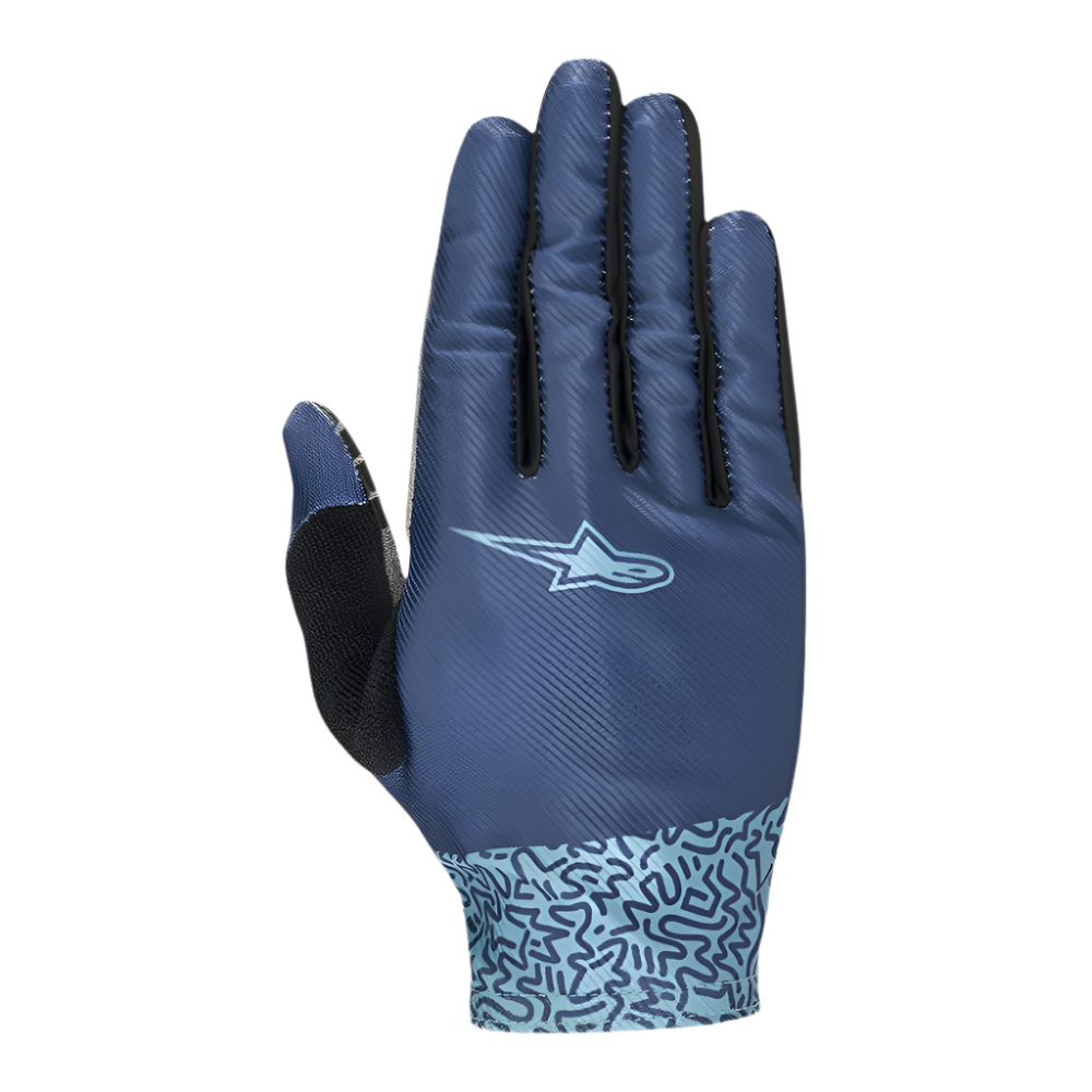 Alpinestars Stella Alderex Pro Damen-Handschuhe, Mittelblau, MTB- und Offroad-Fahrradhandschuhe, Draufsicht mit atmungsaktivem Stretch-Mesh, hellblauem Logo, abstraktem Doodle-Muster am Bündchen und schwarzem Frottee-Einsatz am Daumen