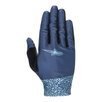 Alpinestars Stella Alderex Pro Damen-Handschuhe, Mittelblau, MTB- und Offroad-Fahrradhandschuhe, Draufsicht mit atmungsaktivem Stretch-Mesh, hellblauem Logo, abstraktem Doodle-Muster am Bündchen und schwarzem Frottee-Einsatz am Daumen
