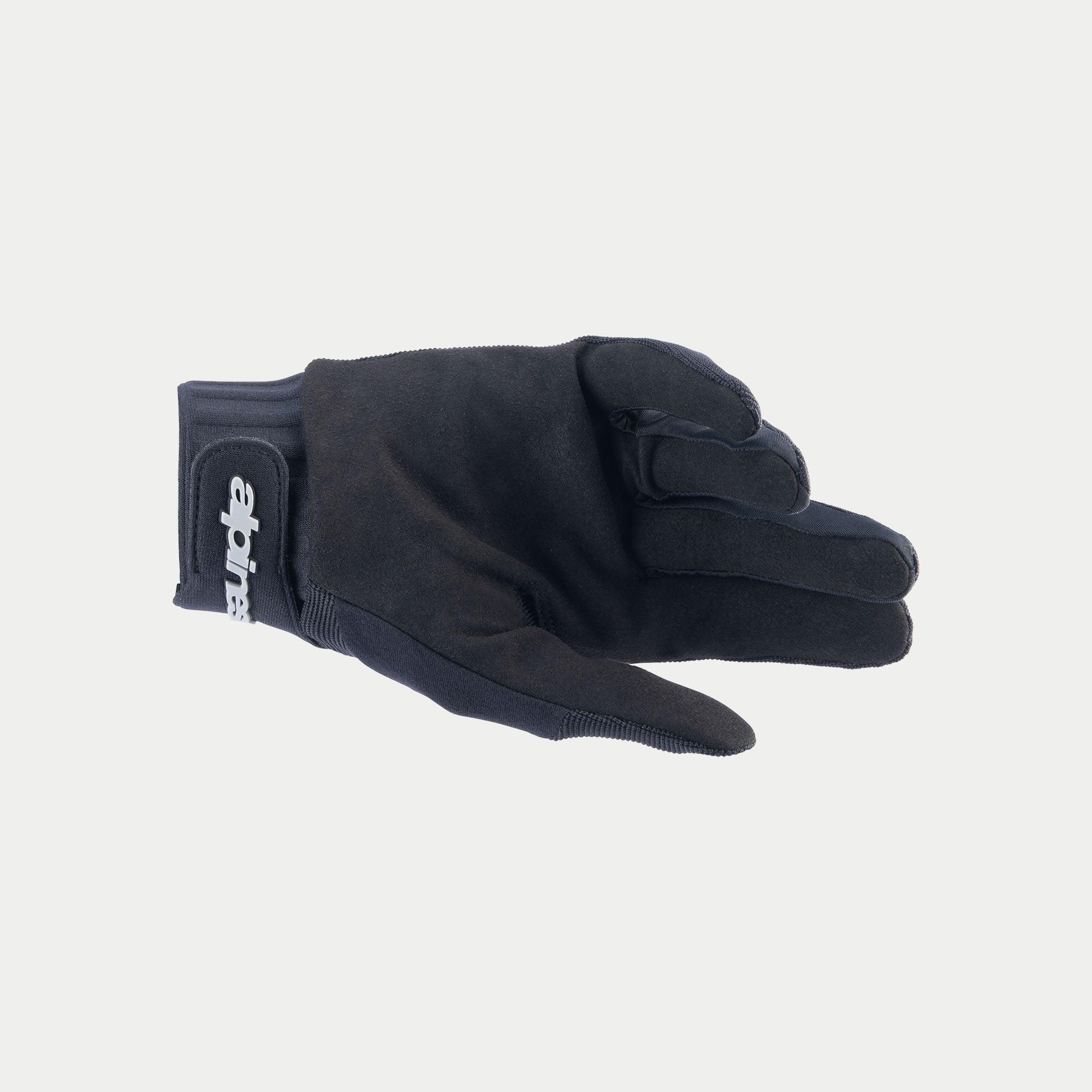 Alpinestars Stella A-Dura Handschuhe, Damen-Fahrradhandschuhe, Schwarz, mit einer strapazierfähigen Handfläche aus synthetischem Wildleder, Neoprenmanschette mit Klettverschluss am Handgelenk und weißem Alpinestars-Logo.