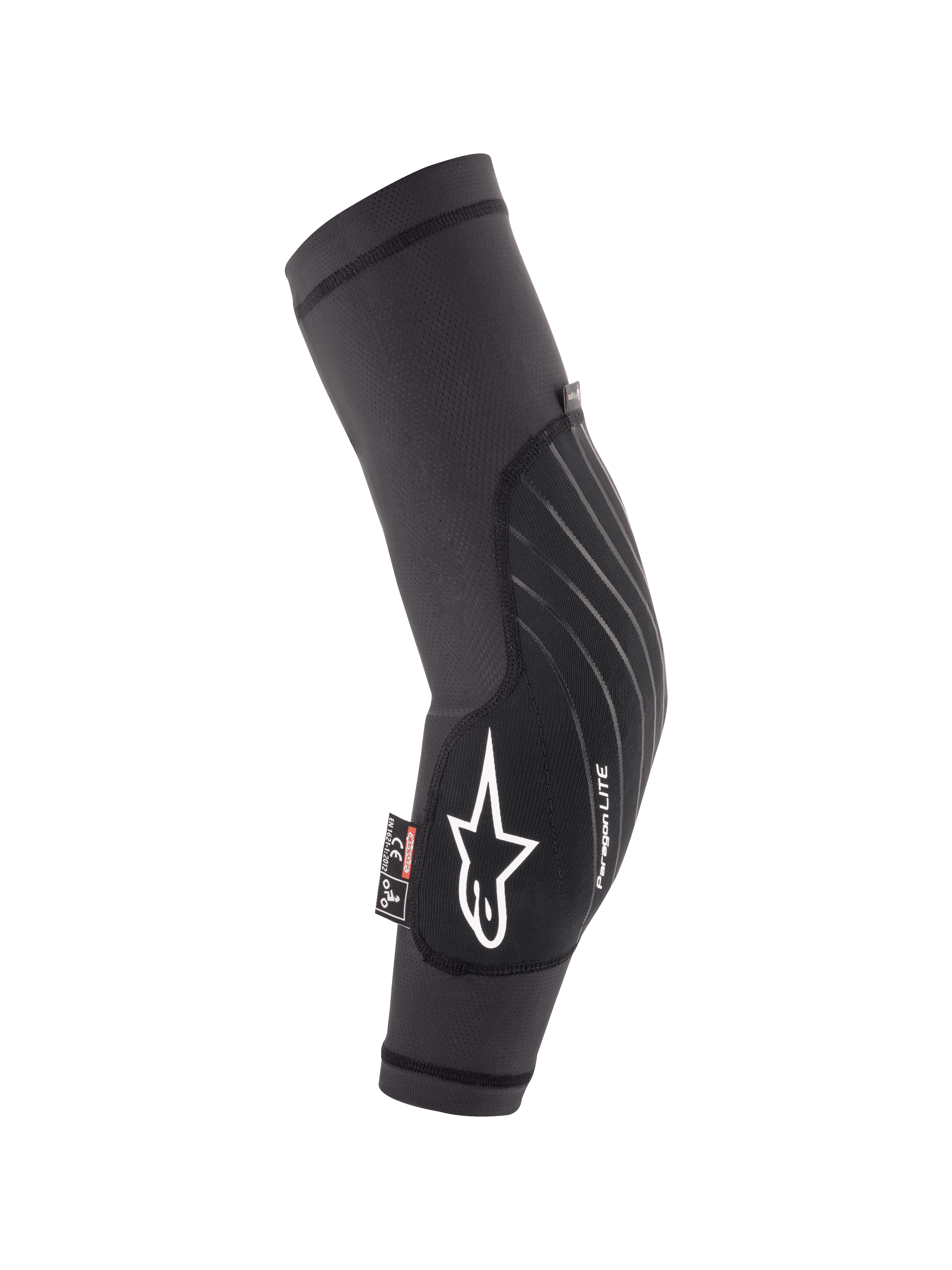Alpinestars Youth Paragon Lite Ellbogenschützer, Schwarz, leichter MTB-Mountainbike-Schutz, atmungsaktive Mesh-Hülle mit weißem Stern-Logo und Paragon LITE-Branding, ergonomisch geformtes Design mit strapazierfähiger Frontplatte