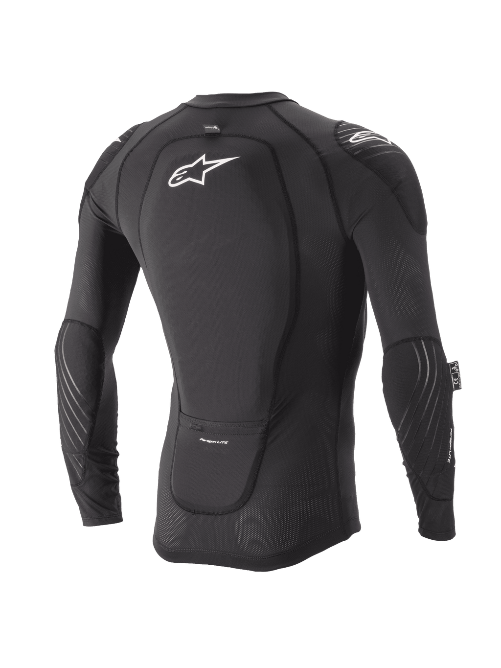Alpinestars Youth Paragon Lite Schutzjacke, Langarm, Schwarz, Rückansicht mit integriertem Rückenprotektor und weißem Logo, atmungsaktive Mesh-Ärmel mit Ellbogenpolsterung, leichte MTB-Protektorenjacke