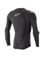 Alpinestars Youth Paragon Lite Schutzjacke, Langarm, Schwarz, Rückansicht mit integriertem Rückenprotektor und weißem Logo, atmungsaktive Mesh-Ärmel mit Ellbogenpolsterung, leichte MTB-Protektorenjacke
