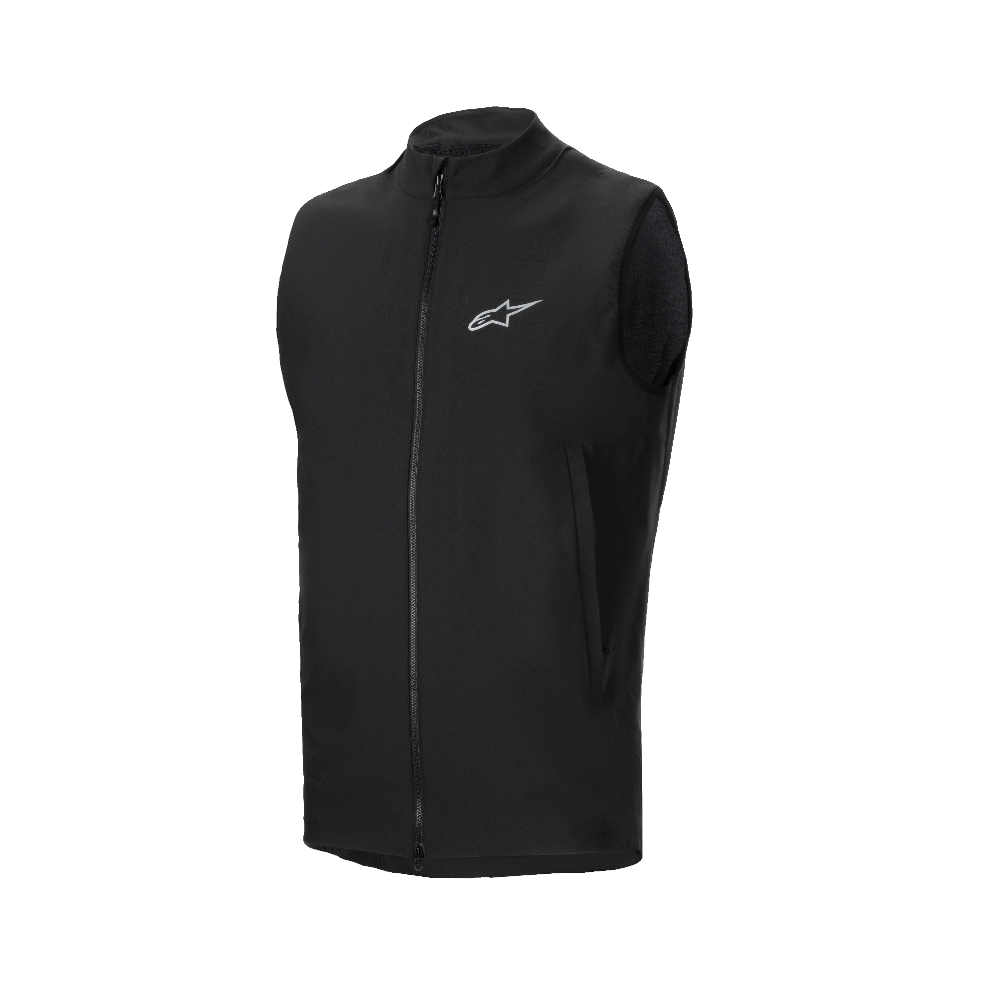 Alpinestars A-Dura Thermoweste, Schwarze Fahrradweste, mit durchgehendem Front-Reißverschluss und kleinem reflektierendem Alpinestars-Logo auf der Brust, seitlichen Reißverschlusstaschen, leichtes, isoliertes Design für Mountainbiking bei kaltem Wetter