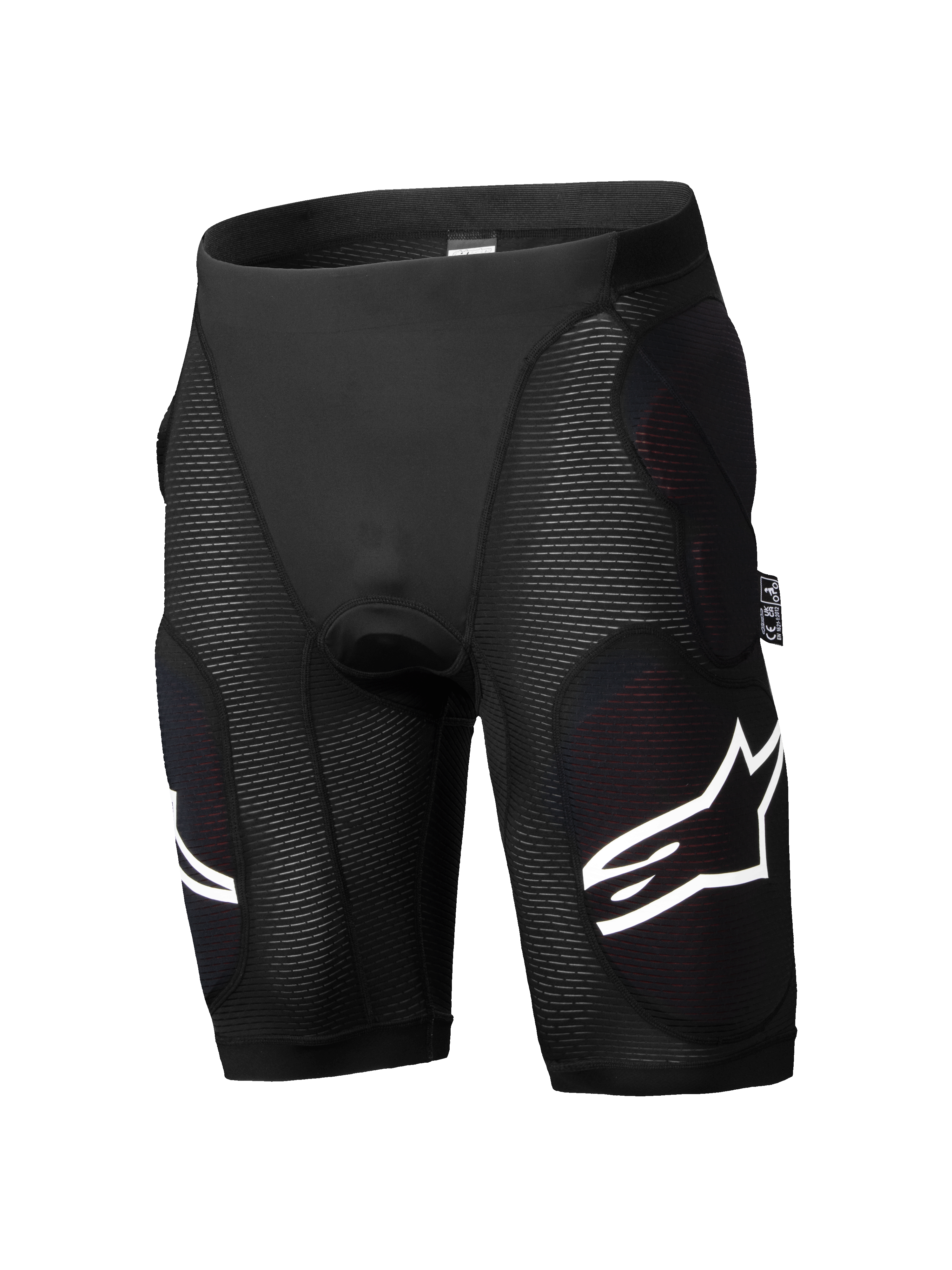 Alpinestars A-Impact Plasma Protection Shorts, Mountain Bike Protection Shorts, Black, integrated hip and thigh impact padding, textured ribbed panels, white logo accents, form-fitting breathable stretch material