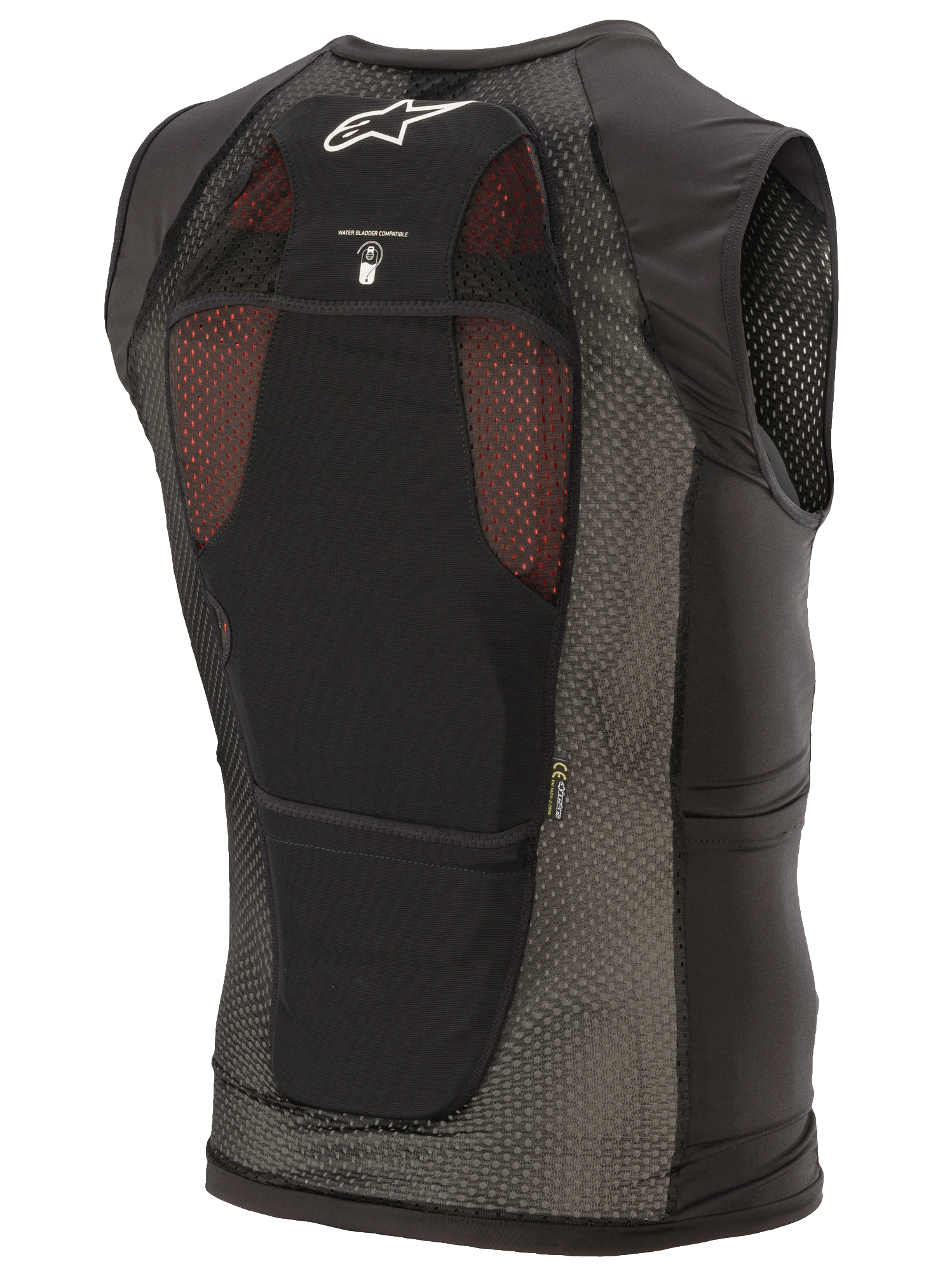 Alpinestars Paragon Plus Schutzweste, Schwarz, Rückansicht mit leichter Stretch-Mesh-Konstruktion, weißem Astar-Logo, Symbol für Trinksystem-Kompatibilität und integriertem CE Level 1 Rückenprotektor.