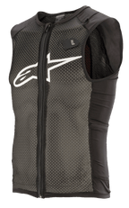 Alpinestars Paragon Plus Schutzweste, Schwarz und Weiß, leichte MTB-Schutzweste im ärmellosen Design, durchgehender Frontreißverschluss, Hauptkonstruktion aus strukturiertem Stretch-Mesh, einfarbige schwarze Seiteneinsätze, weißes Logo auf der Brust und H2O-Trinksystem-Markierung