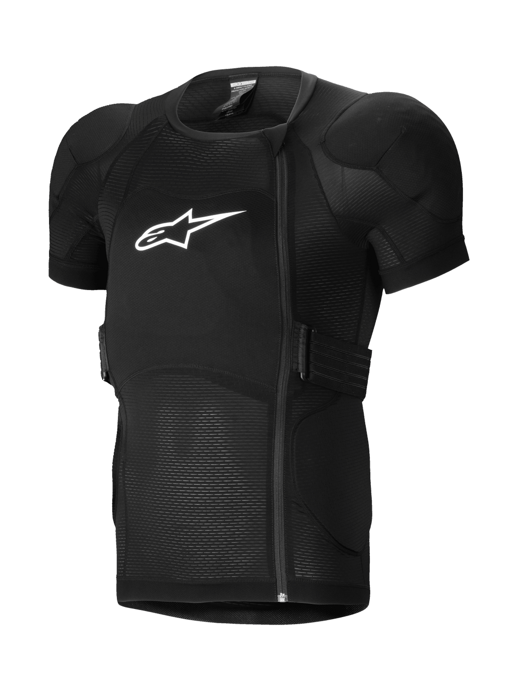Alpinestars A-Impact Plasma Protection Jacket Short Sleeve, MTB Protection Jacket, Black, featuring padded shoulders and chest armor, offset side zipper, breathable ribbed mesh fabric, and white logo on the chest