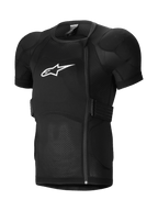 Alpinestars A-Impact Plasma Protection Jacket Short Sleeve, MTB Protection Jacket, Black, featuring padded shoulders and chest armor, offset side zipper, breathable ribbed mesh fabric, and white logo on the chest